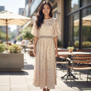 Hayden | Floral Embroidered Mesh Overlay Maxi Dress NWT